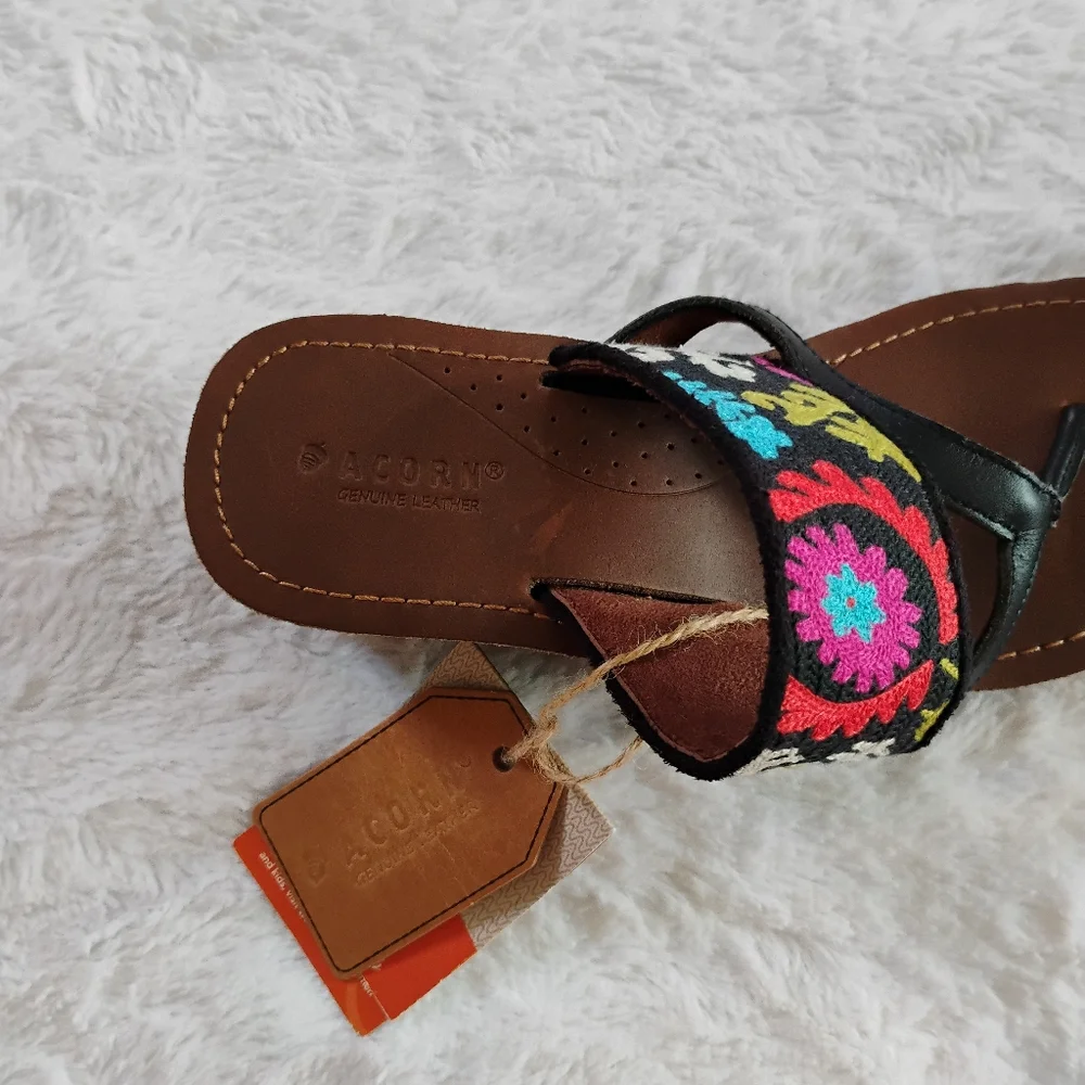 Acorn ArtWalk Leather Multi-Colored Woven Floral Boho Wedge Sandals
